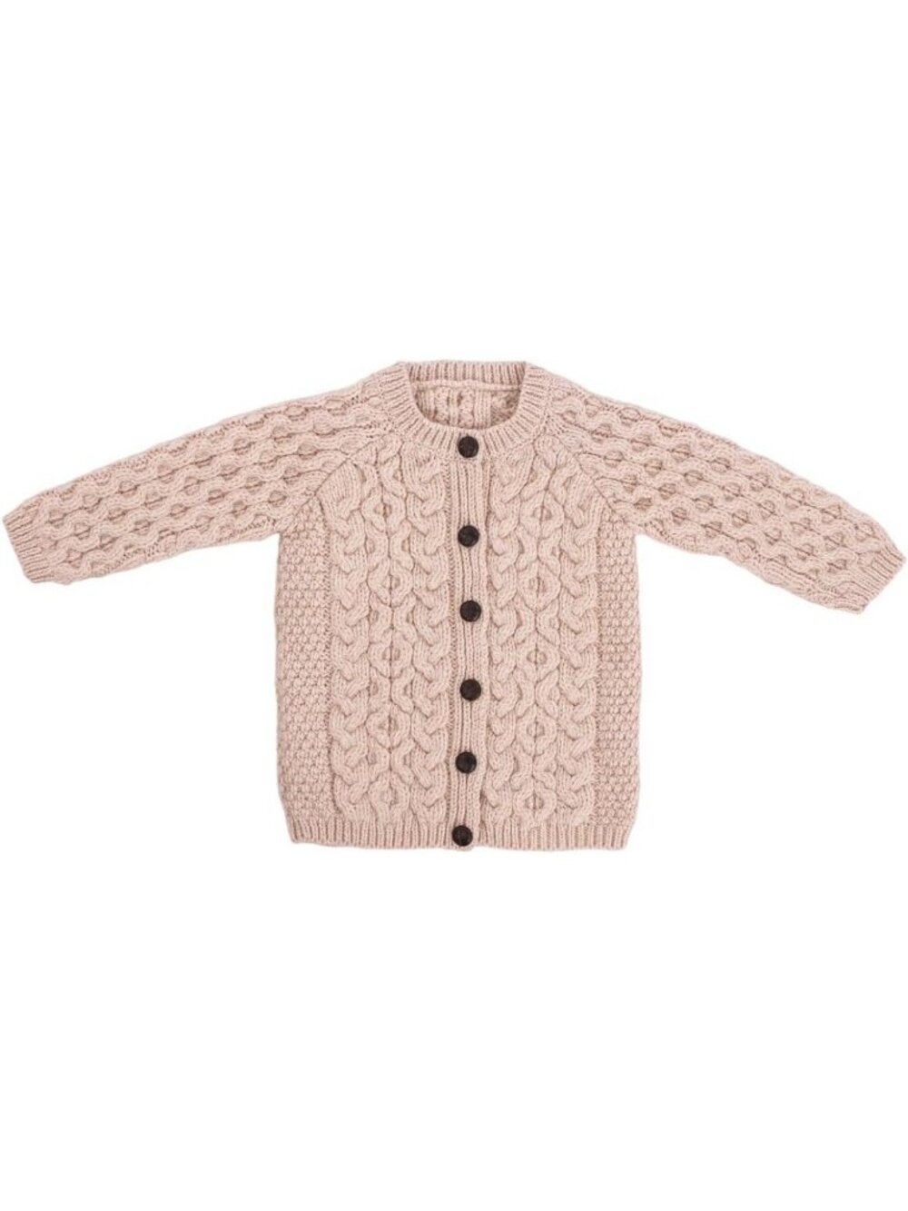 Cozy Kids Aran Cardigan - 100% Merino Wool, Button Front, Crew Neck, Made in